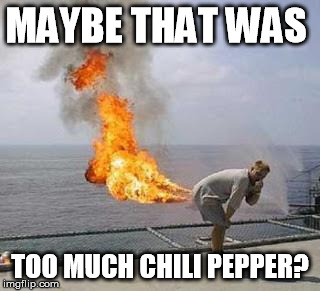 Fart | MAYBE THAT WAS; TOO MUCH CHILI PEPPER? | image tagged in fart | made w/ Imgflip meme maker