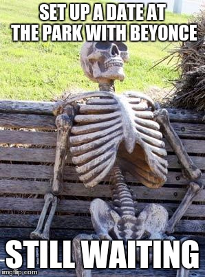 Waiting Skeleton Meme | SET UP A DATE AT THE PARK WITH BEYONCE; STILL WAITING | image tagged in memes,waiting skeleton | made w/ Imgflip meme maker