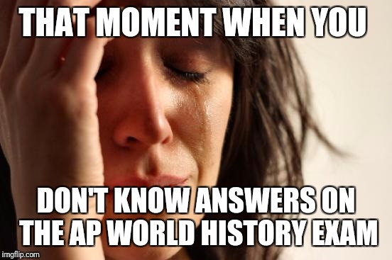 First World Problems Meme | THAT MOMENT WHEN YOU; DON'T KNOW ANSWERS ON THE AP WORLD HISTORY EXAM | image tagged in memes,first world problems | made w/ Imgflip meme maker