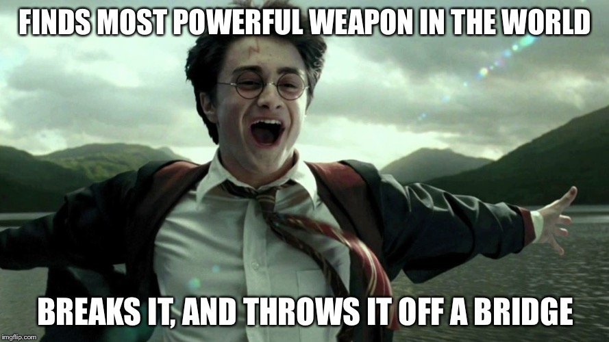 I hated this scene.... | FINDS MOST POWERFUL WEAPON IN THE WORLD; BREAKS IT, AND THROWS IT OFF A BRIDGE | image tagged in geek,raydog,harry potter,dank | made w/ Imgflip meme maker