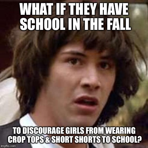 *Late Fall, I should say | WHAT IF THEY HAVE SCHOOL IN THE FALL; TO DISCOURAGE GIRLS FROM WEARING CROP TOPS & SHORT SHORTS TO SCHOOL? | image tagged in memes,conspiracy keanu,school,crop top,short shorts | made w/ Imgflip meme maker
