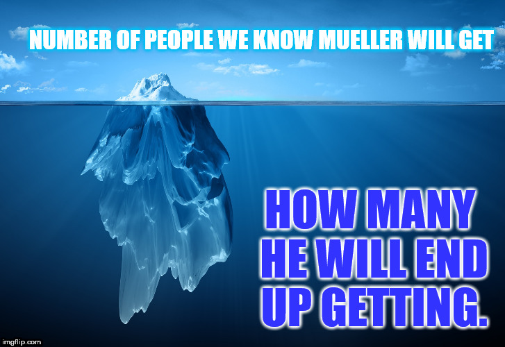 Indictment Iceberg | NUMBER OF PEOPLE WE KNOW MUELLER WILL GET; HOW MANY HE WILL END UP GETTING. | image tagged in iceberg,treason,trump,indictment,government corruption,russia | made w/ Imgflip meme maker