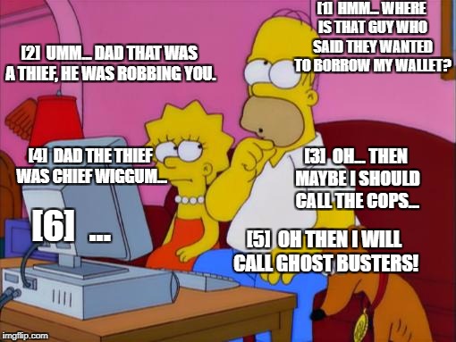 Hmm... | [1]  HMM... WHERE IS THAT GUY WHO SAID THEY WANTED TO BORROW MY WALLET? [2]  UMM... DAD THAT WAS A THIEF, HE WAS ROBBING YOU. [4]  DAD THE THIEF WAS CHIEF WIGGUM... [3]  OH... THEN MAYBE I SHOULD CALL THE COPS... [6]  ... [5]  OH THEN I WILL CALL GHOST BUSTERS! | image tagged in hmm | made w/ Imgflip meme maker