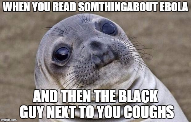 Awkward Moment Sealion | WHEN YOU READ SOMTHINGABOUT EBOLA; AND THEN THE BLACK GUY NEXT TO YOU COUGHS | image tagged in memes,awkward moment sealion | made w/ Imgflip meme maker