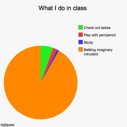 What I do in class | Battling imaginary intruders, Study, Play with pen/pencil, Check out ladies | image tagged in funny,pie charts | made w/ Imgflip chart maker