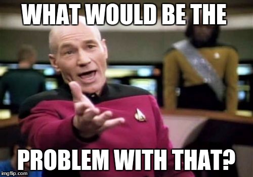 Picard Wtf Meme | WHAT WOULD BE THE PROBLEM WITH THAT? | image tagged in memes,picard wtf | made w/ Imgflip meme maker