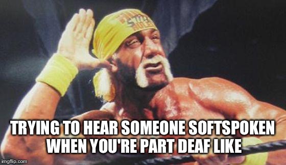 Hulk Hogan Ear | TRYING TO HEAR SOMEONE SOFTSPOKEN WHEN YOU'RE PART DEAF LIKE | image tagged in hulk hogan ear | made w/ Imgflip meme maker