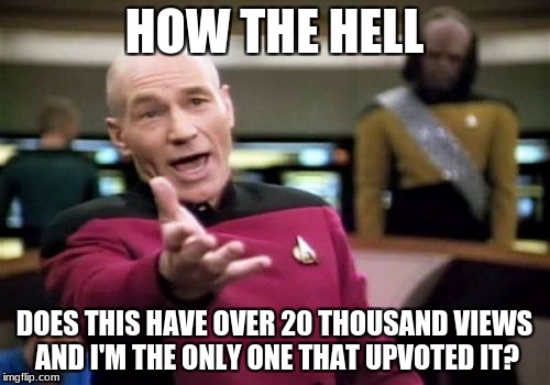 Picard Wtf Meme | HOW THE HELL DOES THIS HAVE OVER 20 THOUSAND VIEWS AND I'M THE ONLY ONE THAT UPVOTED IT? | image tagged in memes,picard wtf | made w/ Imgflip meme maker