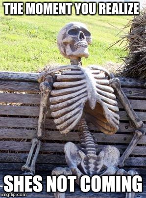 Waiting Skeleton | THE MOMENT YOU REALIZE; SHES NOT COMING | image tagged in memes,waiting skeleton | made w/ Imgflip meme maker