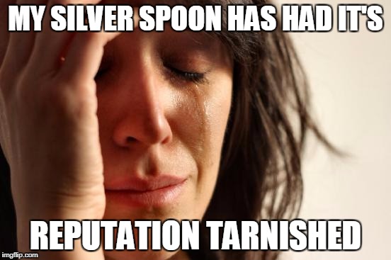 First World Problems Meme | MY SILVER SPOON HAS HAD IT'S REPUTATION TARNISHED | image tagged in memes,first world problems | made w/ Imgflip meme maker