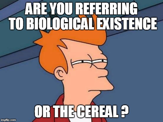 Futurama Fry Meme | ARE YOU REFERRING TO BIOLOGICAL EXISTENCE OR THE CEREAL ? | image tagged in memes,futurama fry | made w/ Imgflip meme maker