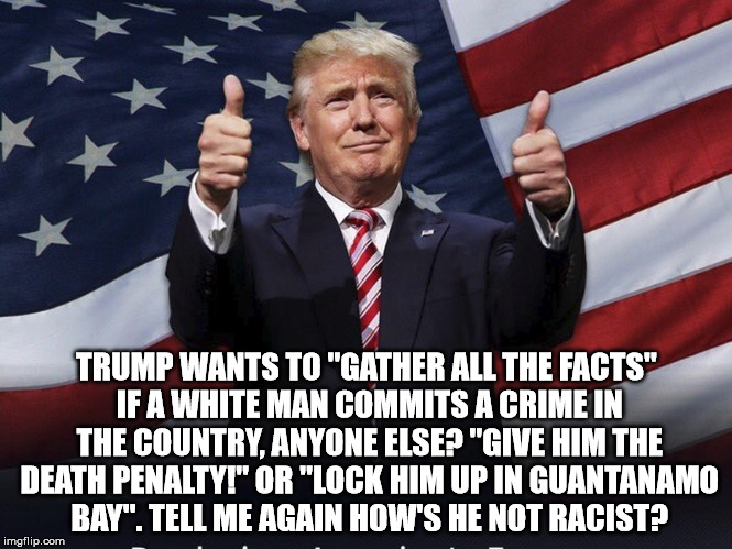 Donald Trump Thumbs Up | TRUMP WANTS TO "GATHER ALL THE FACTS" IF A WHITE MAN COMMITS A CRIME IN THE COUNTRY, ANYONE ELSE? "GIVE HIM THE DEATH PENALTY!" OR "LOCK HIM UP IN GUANTANAMO BAY". TELL ME AGAIN HOW'S HE NOT RACIST? | image tagged in donald trump thumbs up | made w/ Imgflip meme maker