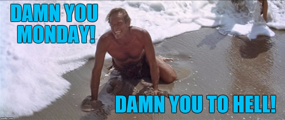 Damn you Monday | DAMN YOU MONDAY! DAMN YOU TO HELL! | image tagged in charlton heston damn you,memes | made w/ Imgflip meme maker