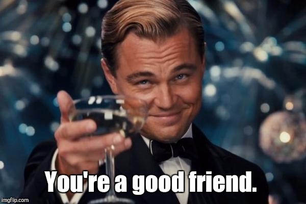 Leonardo Dicaprio Cheers Meme | You're a good friend. | image tagged in memes,leonardo dicaprio cheers | made w/ Imgflip meme maker