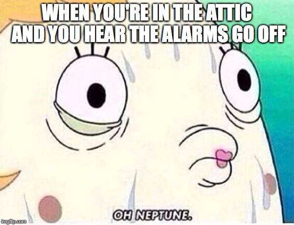 Oh Neptune | WHEN YOU'RE IN THE ATTIC AND YOU HEAR THE ALARMS GO OFF | image tagged in oh neptune | made w/ Imgflip meme maker
