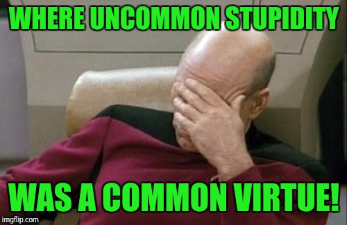 Captain Picard Facepalm Meme | WHERE UNCOMMON STUPIDITY WAS A COMMON VIRTUE! | image tagged in memes,captain picard facepalm | made w/ Imgflip meme maker