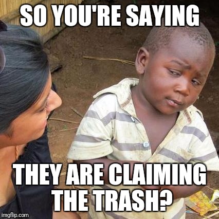 Third World Skeptical Kid Meme | SO YOU'RE SAYING THEY ARE CLAIMING THE TRASH? | image tagged in memes,third world skeptical kid | made w/ Imgflip meme maker