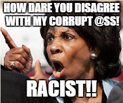 HOW DARE YOU DISAGREE WITH MY CORRUPT @SS! RACIST!! | image tagged in maxine waters,democrats,race card,libtards | made w/ Imgflip meme maker