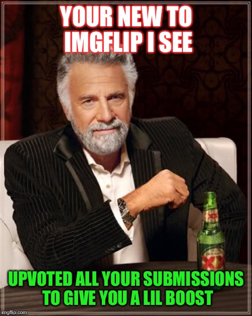 The Most Interesting Man In The World Meme | YOUR NEW TO IMGFLIP I SEE UPVOTED ALL YOUR SUBMISSIONS TO GIVE YOU A LIL BOOST | image tagged in memes,the most interesting man in the world | made w/ Imgflip meme maker
