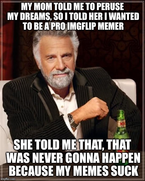 The Most Interesting Man In The World | MY MOM TOLD ME TO PERUSE MY DREAMS, SO I TOLD HER I WANTED TO BE A PRO IMGFLIP MEMER; SHE TOLD ME THAT, THAT WAS NEVER GONNA HAPPEN BECAUSE MY MEMES SUCK | image tagged in memes,the most interesting man in the world | made w/ Imgflip meme maker