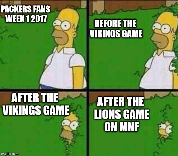 Homer Simpson in Bush - Large | PACKERS FANS WEEK 1 2017; BEFORE THE VIKINGS GAME; AFTER THE VIKINGS GAME; AFTER THE LIONS GAME ON MNF | image tagged in homer simpson in bush - large | made w/ Imgflip meme maker