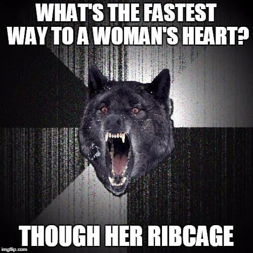 Insanity Wolf Meme | WHAT'S THE FASTEST WAY TO A WOMAN'S HEART? THOUGH HER RIBCAGE | image tagged in memes,insanity wolf | made w/ Imgflip meme maker