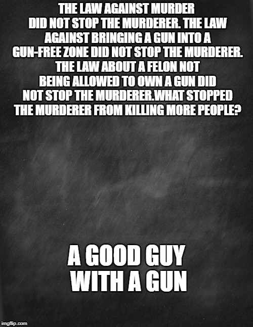Criminals don't obey laws. | THE LAW AGAINST MURDER DID NOT STOP THE MURDERER. THE LAW AGAINST BRINGING A GUN INTO A GUN-FREE ZONE DID NOT STOP THE MURDERER. THE LAW ABOUT A FELON NOT BEING ALLOWED TO OWN A GUN DID NOT STOP THE MURDERER.WHAT STOPPED THE MURDERER FROM KILLING MORE PEOPLE? A GOOD GUY WITH A GUN | image tagged in black blank,gun control,gun laws,gun rights,gun free zone | made w/ Imgflip meme maker