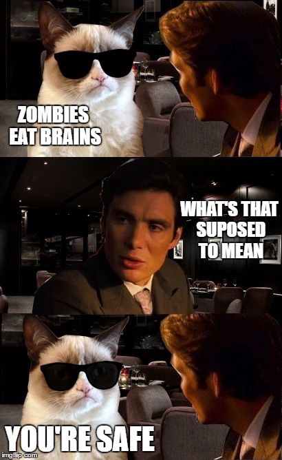 Leonardo and Grumpy Cat | ZOMBIES EAT BRAINS; WHAT'S THAT SUPOSED TO MEAN; YOU'RE SAFE | image tagged in leonardo and grumpy cat | made w/ Imgflip meme maker