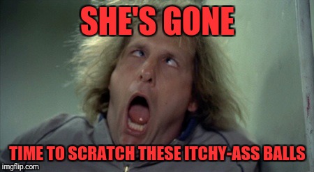 Scary Harry | SHE'S GONE; TIME TO SCRATCH THESE ITCHY-ASS BALLS | image tagged in memes,scary harry | made w/ Imgflip meme maker