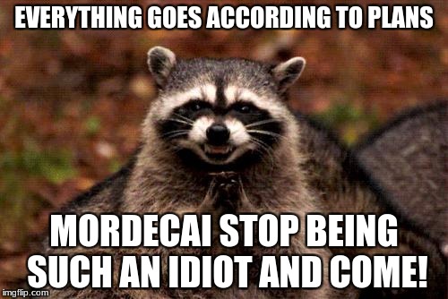 Evil Plotting Raccoon | EVERYTHING GOES ACCORDING TO PLANS; MORDECAI STOP BEING SUCH AN IDIOT AND COME! | image tagged in memes,evil plotting raccoon | made w/ Imgflip meme maker