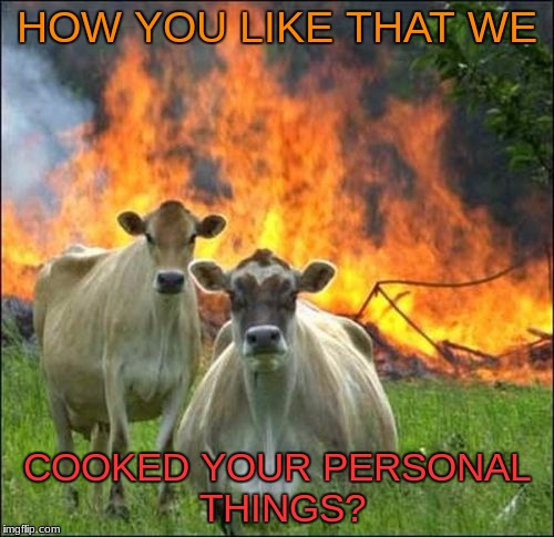 Evil Cows | HOW YOU LIKE THAT WE; COOKED YOUR PERSONAL THINGS? | image tagged in memes,evil cows | made w/ Imgflip meme maker