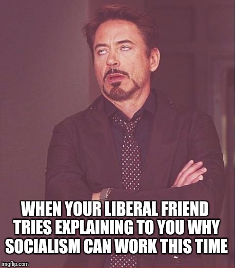 it's not THAT KIND of SOCIALISM. | WHEN YOUR LIBERAL FRIEND TRIES EXPLAINING TO YOU WHY SOCIALISM CAN WORK THIS TIME | image tagged in memes,face you make robert downey jr | made w/ Imgflip meme maker