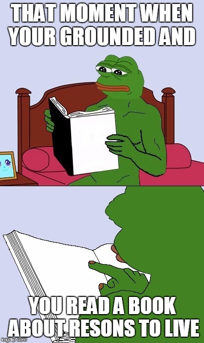 Pepe The Frog Meme Blank | THAT MOMENT WHEN YOUR GROUNDED AND; YOU READ A BOOK ABOUT RESONS TO LIVE | image tagged in pepe the frog meme blank | made w/ Imgflip meme maker