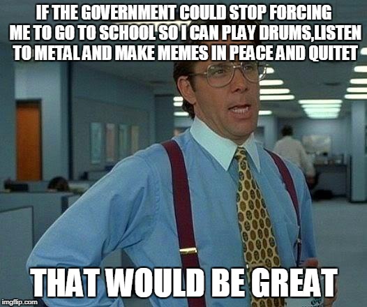 That Would Be Great Meme | IF THE GOVERNMENT COULD STOP FORCING ME TO GO TO SCHOOL SO I CAN PLAY DRUMS,LISTEN TO METAL AND MAKE MEMES IN PEACE AND QUITET THAT WOULD BE | image tagged in memes,that would be great | made w/ Imgflip meme maker