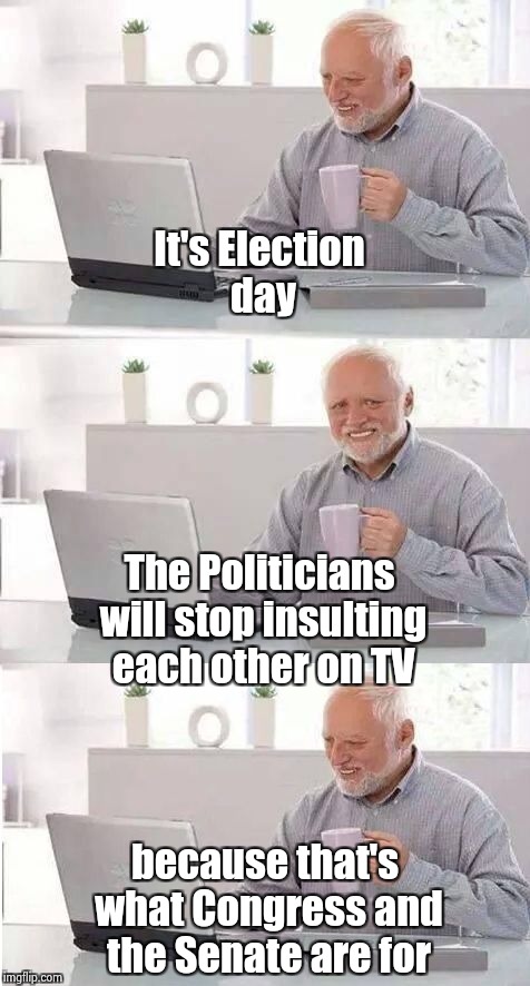 We'll get them next year | It's Election day; The Politicians will stop insulting each other on TV; because that's what Congress and the Senate are for | image tagged in on second thought harold,politics,boring,leave me alone | made w/ Imgflip meme maker