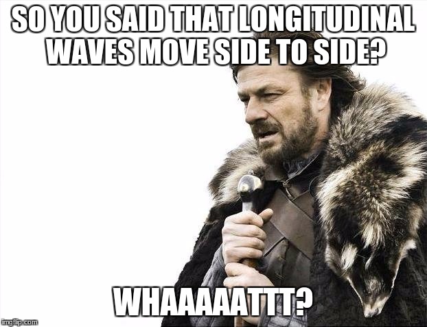 Brace Yourselves X is Coming | SO YOU SAID THAT LONGITUDINAL WAVES MOVE SIDE TO SIDE? WHAAAAATTT? | image tagged in memes,brace yourselves x is coming | made w/ Imgflip meme maker