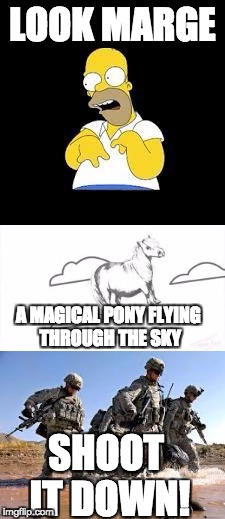 ASDF + The Simpsons = This | LOOK MARGE; A MAGICAL PONY FLYING THROUGH THE SKY; SHOOT IT DOWN! | image tagged in memes,look marge,military,asdfmovie,asdf,the simpsons | made w/ Imgflip meme maker