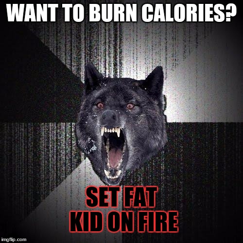 Insanity Wolf Meme | WANT TO BURN CALORIES? SET FAT KID ON FIRE | image tagged in memes,insanity wolf | made w/ Imgflip meme maker