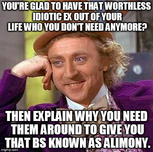 If you are done with them then you wouldn't need their money either. | YOU'RE GLAD TO HAVE THAT WORTHLESS IDIOTIC EX OUT OF YOUR LIFE WHO YOU DON'T NEED ANYMORE? THEN EXPLAIN WHY YOU NEED THEM AROUND TO GIVE YOU THAT BS KNOWN AS ALIMONY. | image tagged in memes,creepy condescending wonka | made w/ Imgflip meme maker