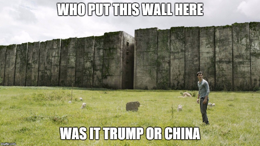 WHO PUT THIS WALL HERE; WAS IT TRUMP OR CHINA | image tagged in maze runner | made w/ Imgflip meme maker