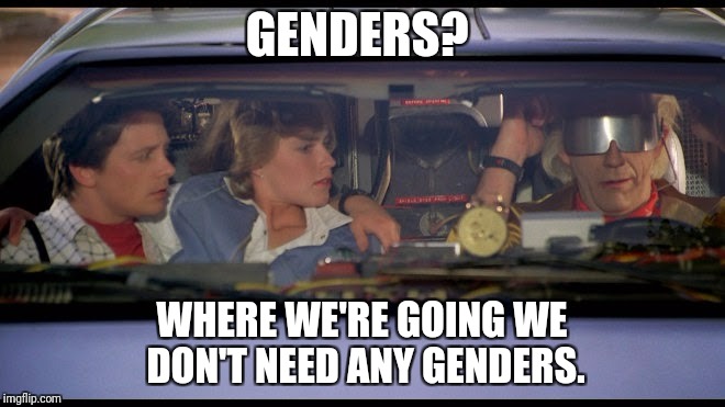 Back to the Future | GENDERS? WHERE WE'RE GOING WE DON'T NEED ANY GENDERS. | image tagged in back to the future | made w/ Imgflip meme maker