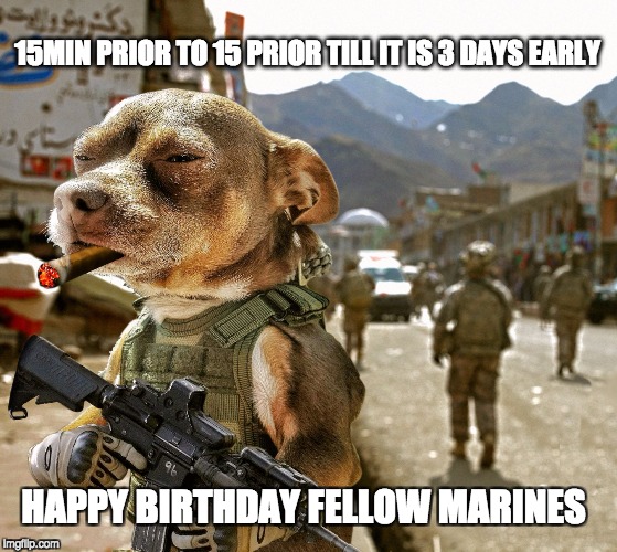 Army Dog | 15MIN PRIOR TO 15 PRIOR TILL IT IS 3 DAYS EARLY; HAPPY BIRTHDAY FELLOW MARINES | image tagged in army dog | made w/ Imgflip meme maker