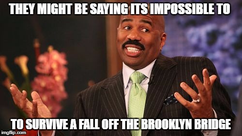 Steve Harvey Meme | THEY MIGHT BE SAYING ITS IMPOSSIBLE TO TO SURVIVE A FALL OFF THE BROOKLYN BRIDGE | image tagged in memes,steve harvey | made w/ Imgflip meme maker