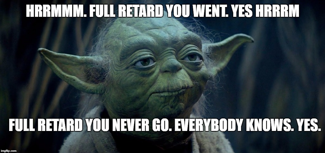 Full Yoda | HRRMMM. FULL RETARD YOU WENT. YES HRRRM; FULL RETARD YOU NEVER GO. EVERYBODY KNOWS. YES. | image tagged in advice yoda,never go full retard | made w/ Imgflip meme maker