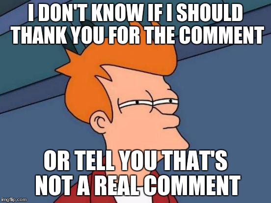 Futurama Fry Meme | I DON'T KNOW IF I SHOULD THANK YOU FOR THE COMMENT OR TELL YOU THAT'S NOT A REAL COMMENT | image tagged in memes,futurama fry | made w/ Imgflip meme maker