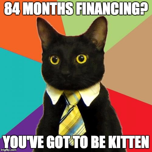 Business Cat Meme | 84 MONTHS FINANCING? YOU'VE GOT TO BE KITTEN | image tagged in memes,business cat | made w/ Imgflip meme maker