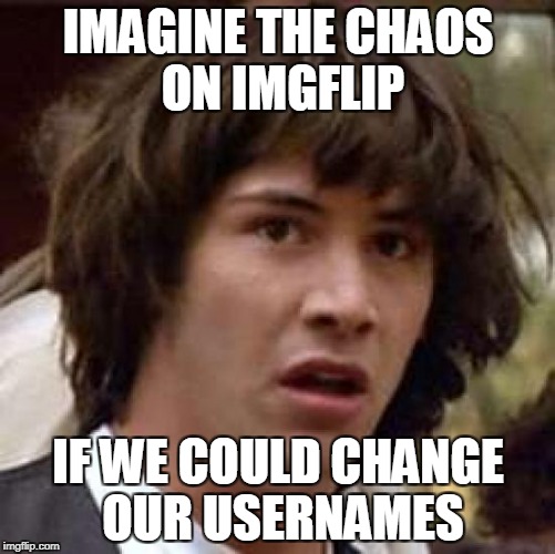 "Everything is out of control,everything is out of control.....in my future plans" | IMAGINE THE CHAOS ON IMGFLIP; IF WE COULD CHANGE OUR USERNAMES | image tagged in memes,conspiracy keanu,imgflip,username,chaos,powermetalhead | made w/ Imgflip meme maker