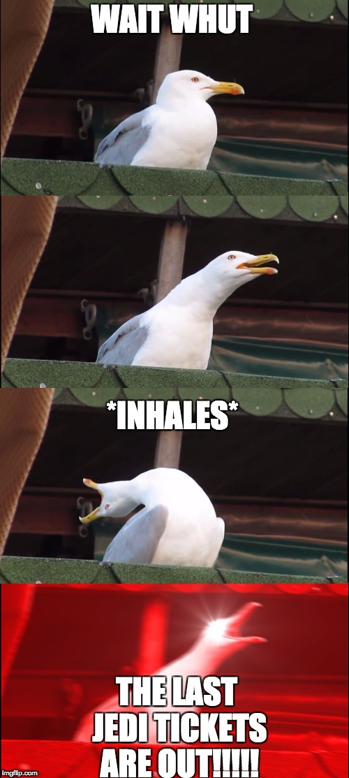 Inhaling Seagull Meme | WAIT WHUT; *INHALES*; THE LAST JEDI TICKETS ARE OUT!!!!! | image tagged in inhaling seagull | made w/ Imgflip meme maker
