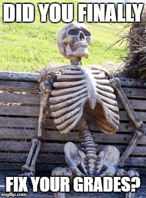 Waiting Skeleton Meme | DID YOU FINALLY; FIX YOUR GRADES? | image tagged in memes,waiting skeleton | made w/ Imgflip meme maker