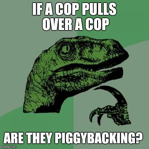 Philosoraptor Meme | IF A COP PULLS OVER A COP; ARE THEY PIGGYBACKING? | image tagged in memes,philosoraptor | made w/ Imgflip meme maker
